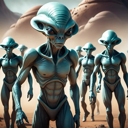 Prompt: Create a cinematic photoshoot of an extraterrestrial alien races of a different kingsome standing with their soldiers in front of each races wanting to conquer a planet  