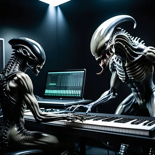 Prompt: Create a cinematic photoshoot of an extraterrestrial alienXenomorph and a predator alien in a  studio for composing music with all futuristic alienish musical instruments with synthysizers alienish studio monitors, midi controllers dj console and all studio equipment and musical sound producing equipment cinematic realistic hrs 8k photoshoot 