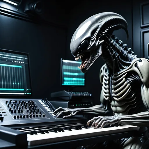 Prompt: Create a cinematic photoshoot of an extraterrestrial alienXenomorph and a predator alien in a  studio for composing music with all futuristic alienish musical instruments with synthysizers alienish studio monitors, midi controllers dj console and all studio equipment and musical sound producing equipment cinematic realistic hrs 8k photoshoot 