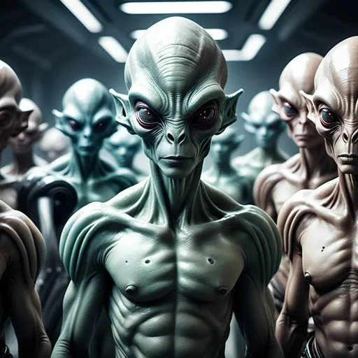 Prompt: Create a cinematic photoshoot of an extraterrestrial alien races of a different kingsome standing with their soldiers in front of each races wanting to conquer a planet  