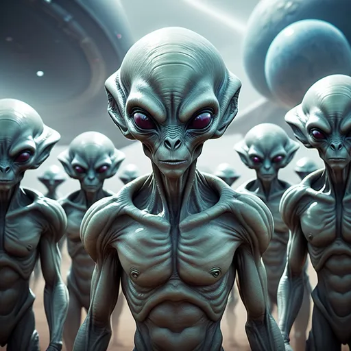 Prompt: Create a cinematic photoshoot of an extraterrestrial alien races of a different kingsome standing with their soldiers in front of each races wanting to conquer a planet  