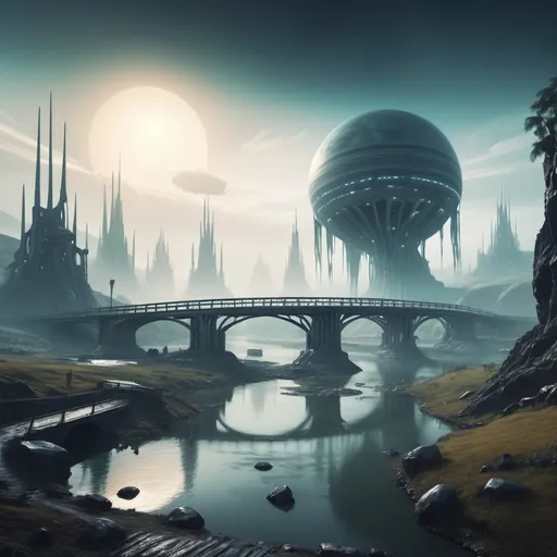 Prompt: An alien planet with extraterrestrial civilization a small settlement, foggy, bridge and river, dramatic fantasy settlement scene, cinematic lighting