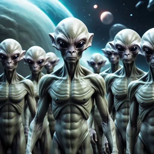 Prompt: Create a cinematic photoshoot of an extraterrestrial alien races of a different kingsome standing with their soldiers in front of each races wanting to conquer a planet  