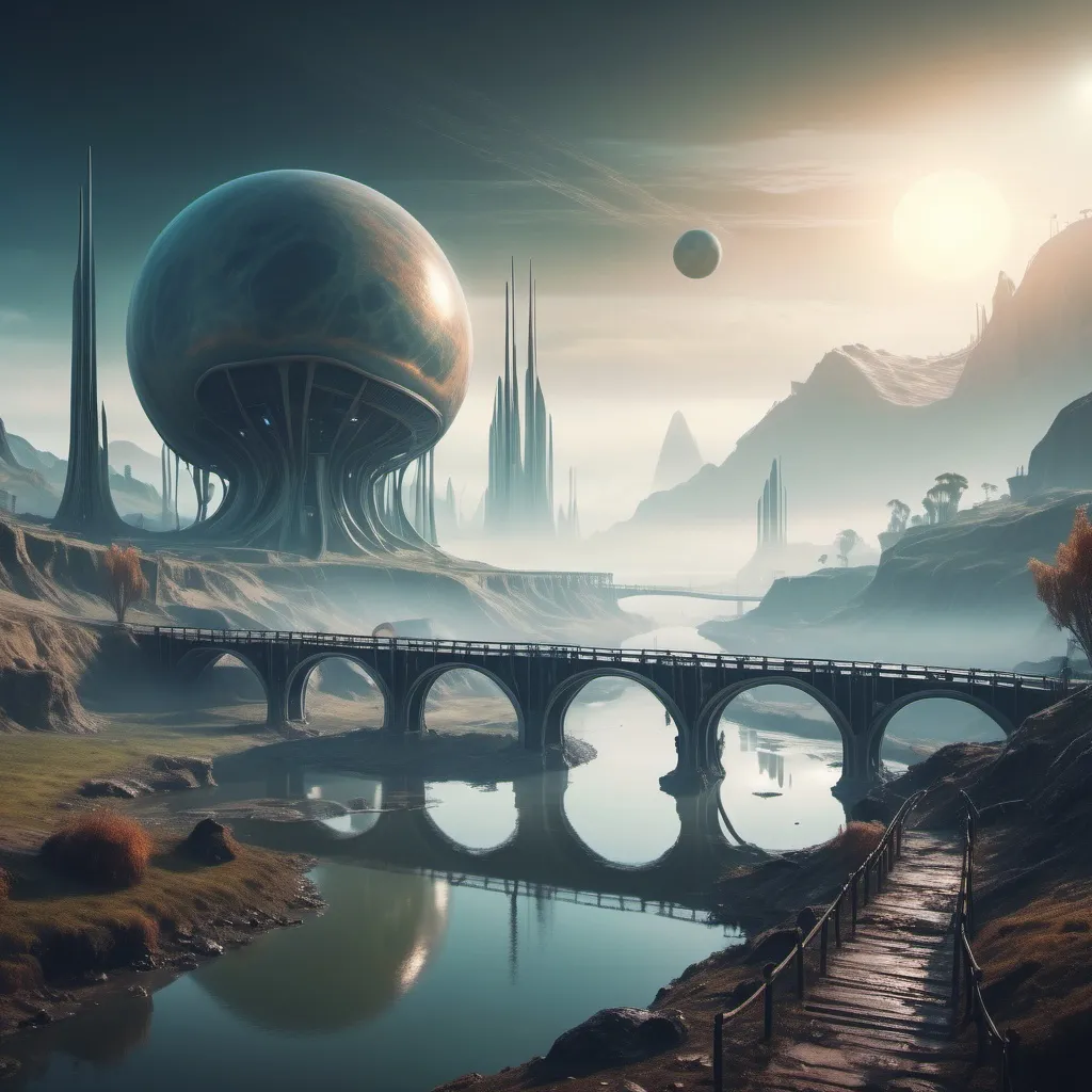 Prompt: An alien planet with extraterrestrial civilization a small settlement, foggy, bridge and river, dramatic fantasy settlement scene, cinematic lighting