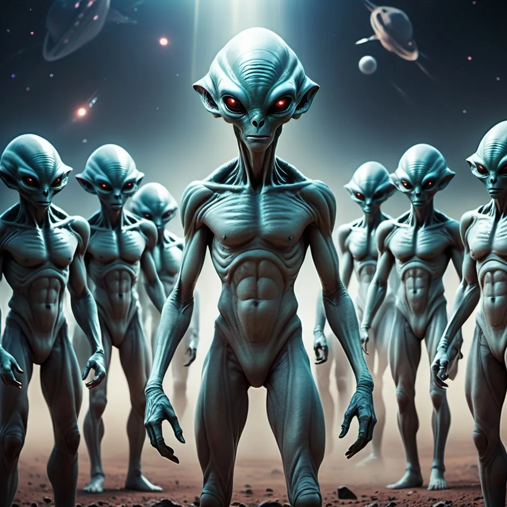 Prompt: Create a cinematic photoshoot of an extraterrestrial alien races of a different kingsome standing with their soldiers in front of each races wanting to conquer a planet  