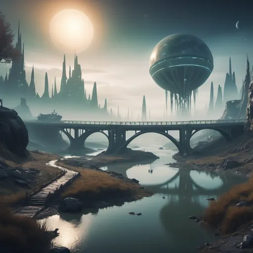 Prompt: An alien planet with extraterrestrial civilization a small settlement, foggy, bridge and river, dramatic fantasy settlement scene, cinematic lighting