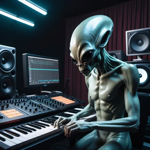 Prompt: Create a cinematic photoshoot of an extraterrestrial alien studio for composing music with all futuristic alienish musical instruments with synthysizers alienish studio monitors, midi controllers dj console and all studio equipment and musical sound producing equipment cinematic realistic hrs 8k photoshoot 