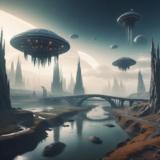 Prompt: An alien planet with extraterrestrial civilization a small settlement, foggy, bridge and river, floting flying crafts and spaceship motherships dramatic fantasy settlement scene, cinematic lighting