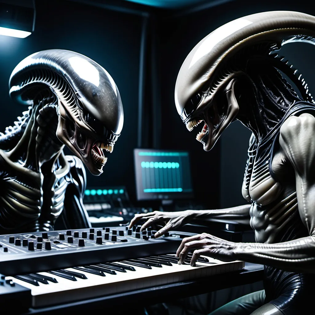 Prompt: Create a cinematic photoshoot of an extraterrestrial alienXenomorph and a predator alien in a  studio for composing music with all futuristic alienish musical instruments with synthysizers alienish studio monitors, midi controllers dj console and all studio equipment and musical sound producing equipment cinematic realistic hrs 8k photoshoot 