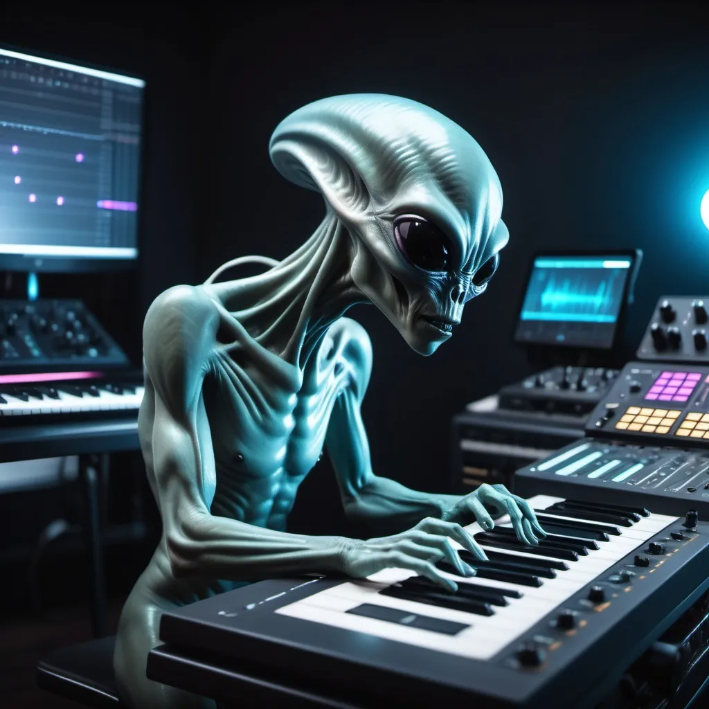 Prompt: Create a cinematic photoshoot of an extraterrestrial alien studio for composing music with all futuristic alienish musical instruments with synthysizers alienish studio monitors, midi controllers dj console and all studio equipment and musical sound producing equipment cinematic realistic hrs 8k photoshoot 