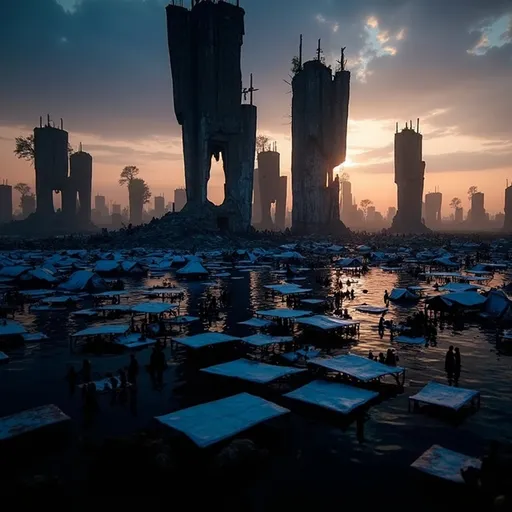 Prompt: Recreate this image cyberpunk style glitch art Create an ancient tribal civilization with tribal figures huts and water stream passing by its sun set Bright colour soft water colours natural environment abstract fractal oil painting Old fashon dramatic lightings motion blur Unreal brutalist design digital art concept octane render high resolution quality cinematic photoshoot ultra HDR 8k disco fusion style