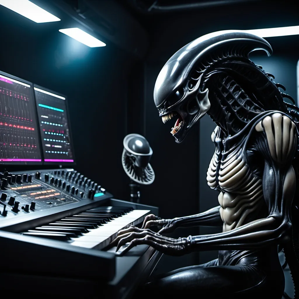 Prompt: Create a cinematic photoshoot of an extraterrestrial alienXenomorph and a predator alien in a  studio for composing music with all futuristic alienish musical instruments with synthysizers alienish studio monitors, midi controllers dj console and all studio equipment and musical sound producing equipment cinematic realistic hrs 8k photoshoot 