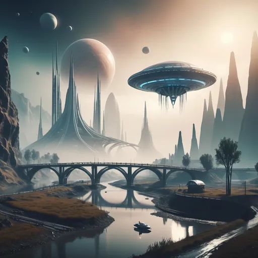 Prompt: An alien planet with extraterrestrial civilization a small settlement, foggy, bridge and river, floting flying crafts and spaceship motherships dramatic fantasy settlement scene, cinematic lighting