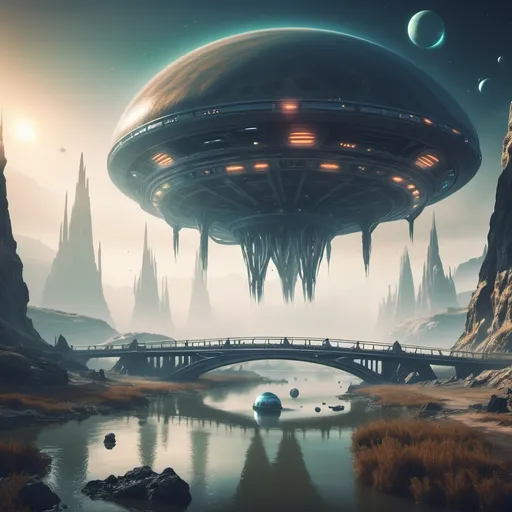 Prompt: An alien planet with extraterrestrial civilization a small settlement, foggy, bridge and river, floting flying crafts and spaceship motherships dramatic fantasy settlement scene, cinematic lighting