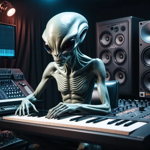 Prompt: Create a cinematic photoshoot of an extraterrestrial alien studio for composing music with all futuristic alienish musical instruments with synthysizers alienish studio monitors, midi controllers dj console and all studio equipment and musical sound producing equipment cinematic realistic hrs 8k photoshoot 