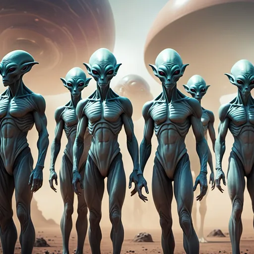 Prompt: Create a cinematic photoshoot of an extraterrestrial alien races of a different kingsome standing with their soldiers in front of each races wanting to conquer a planet  