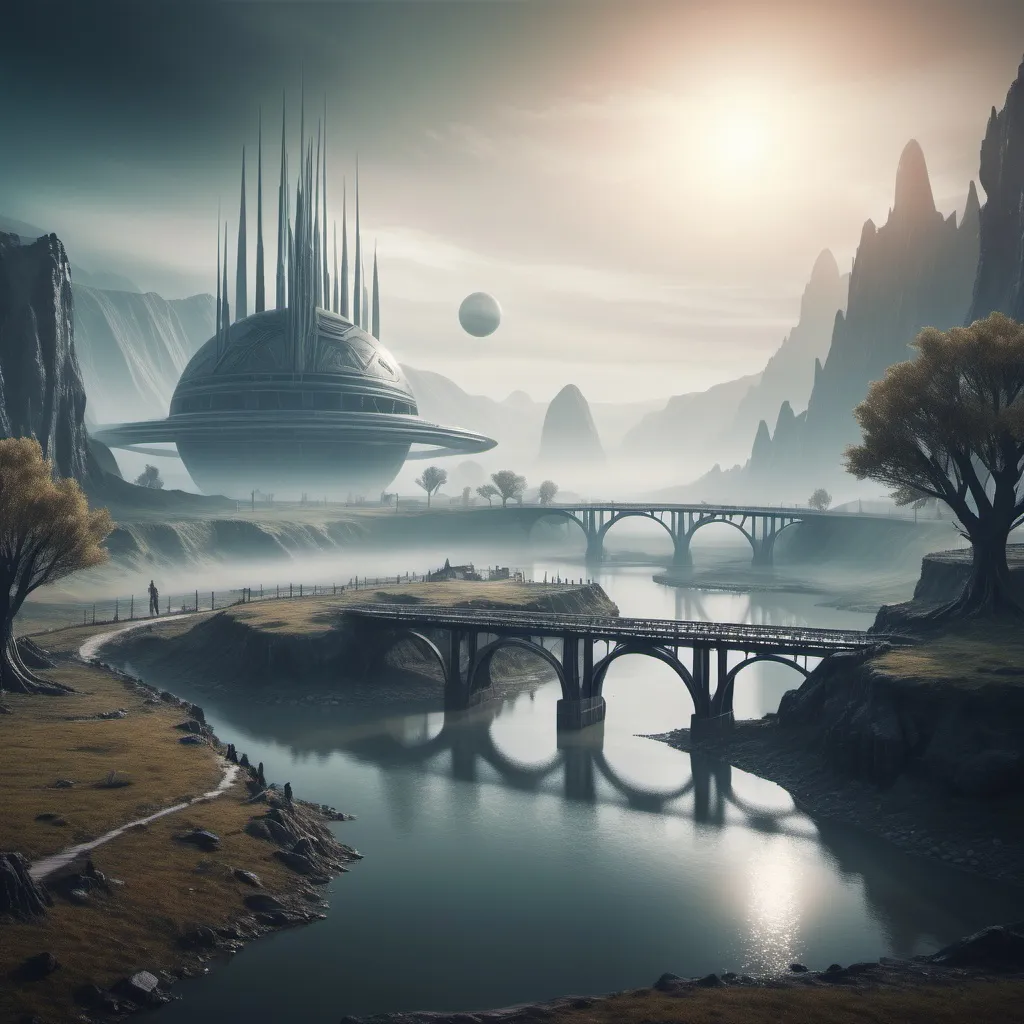 Prompt: An alien planet with extraterrestrial civilization a small settlement, foggy, bridge and river, dramatic fantasy settlement scene, cinematic lighting