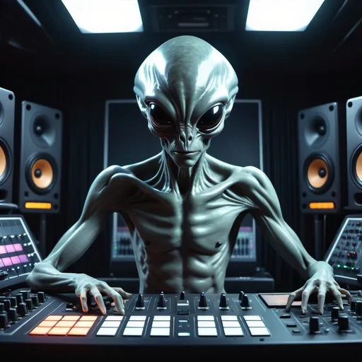 Prompt: Create a cinematic photoshoot of an extraterrestrial alien studio for composing music with all futuristic alienish musical instruments with synthysizers alienish studio monitors, midi controllers dj console and all studio equipment and musical sound producing equipment cinematic realistic hrs 8k photoshoot 