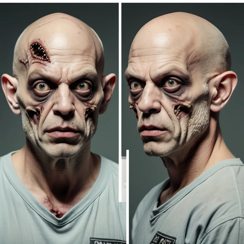 Prompt: a bald man zombie fish realistic retro 1980's action movie hero actor mugshot with side view, and front facing view, full sheet