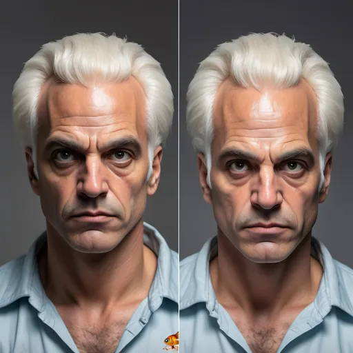 Prompt: a fish person realistic retro 1980's action movie hero actor mugshot with side view, and front facing view, full sheet