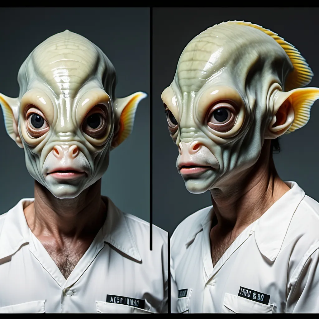 Prompt: a fish alien realistic retro 1980's action movie hero actor mugshot with side view, and front facing view, full sheet