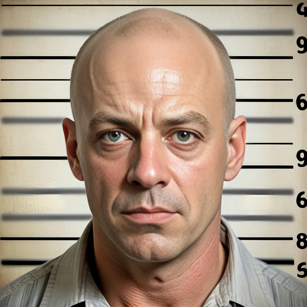 Prompt: a bald man realistic retro 1980's action movie hero actor mugshot