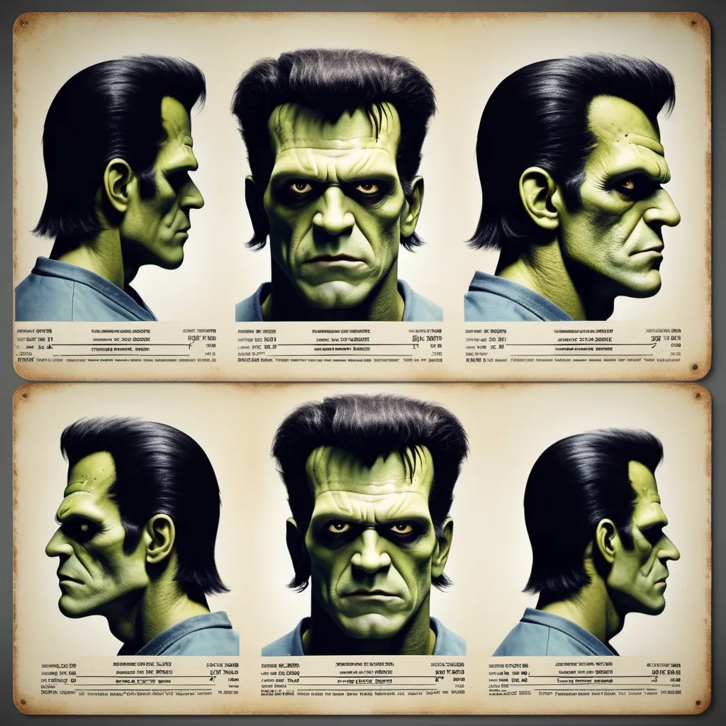 Prompt: a modern frankenstein's monster realistic retro 1980's action movie hero actor mugshot with side view, and front facing view, full sheet