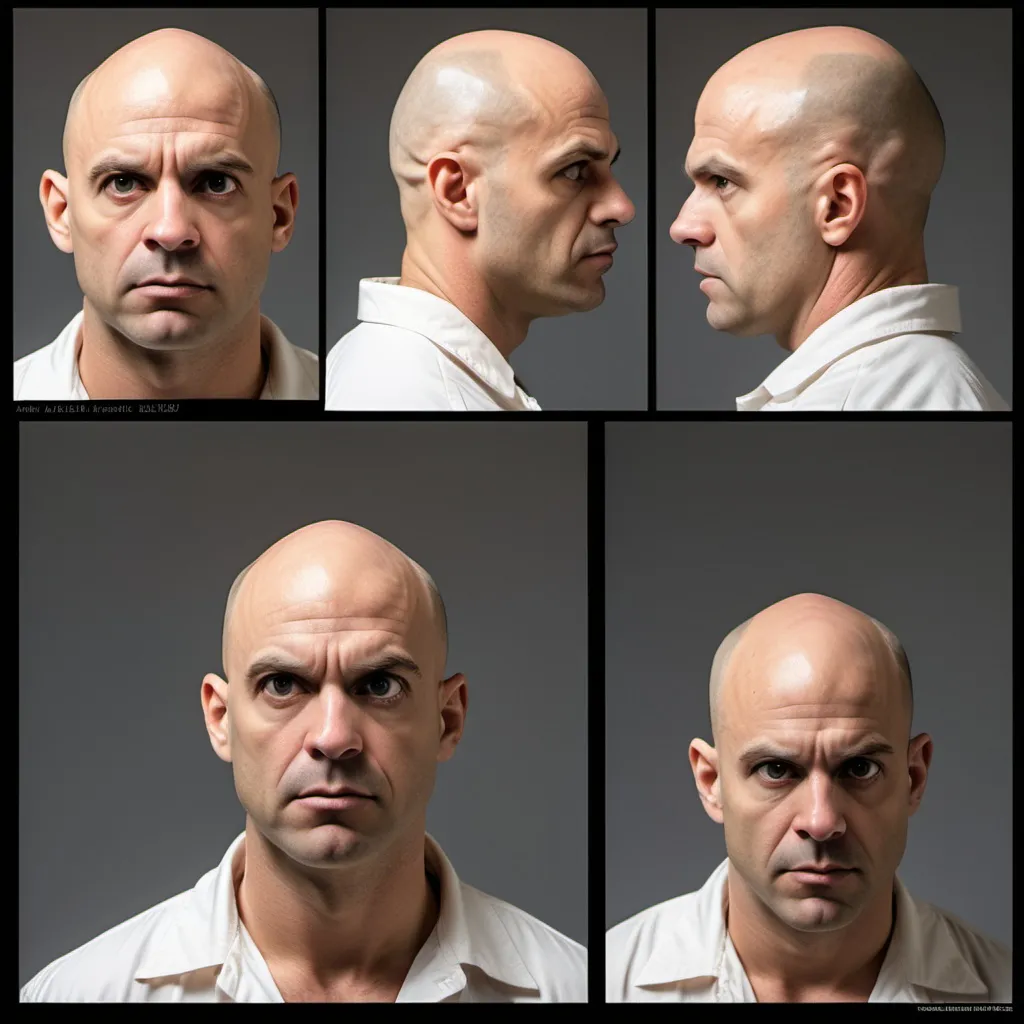 Prompt: a bald fishman realistic retro 1980's action movie hero actor mugshot with side view, and front facing view, full sheet