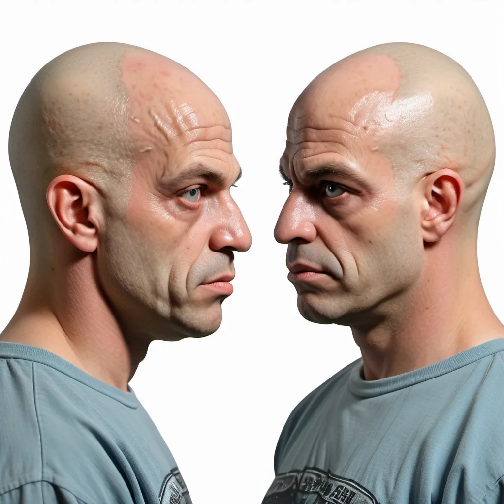 Prompt: a bald fish person realistic retro 1980's action movie hero actor mugshot with side view, and front facing view, full sheet
