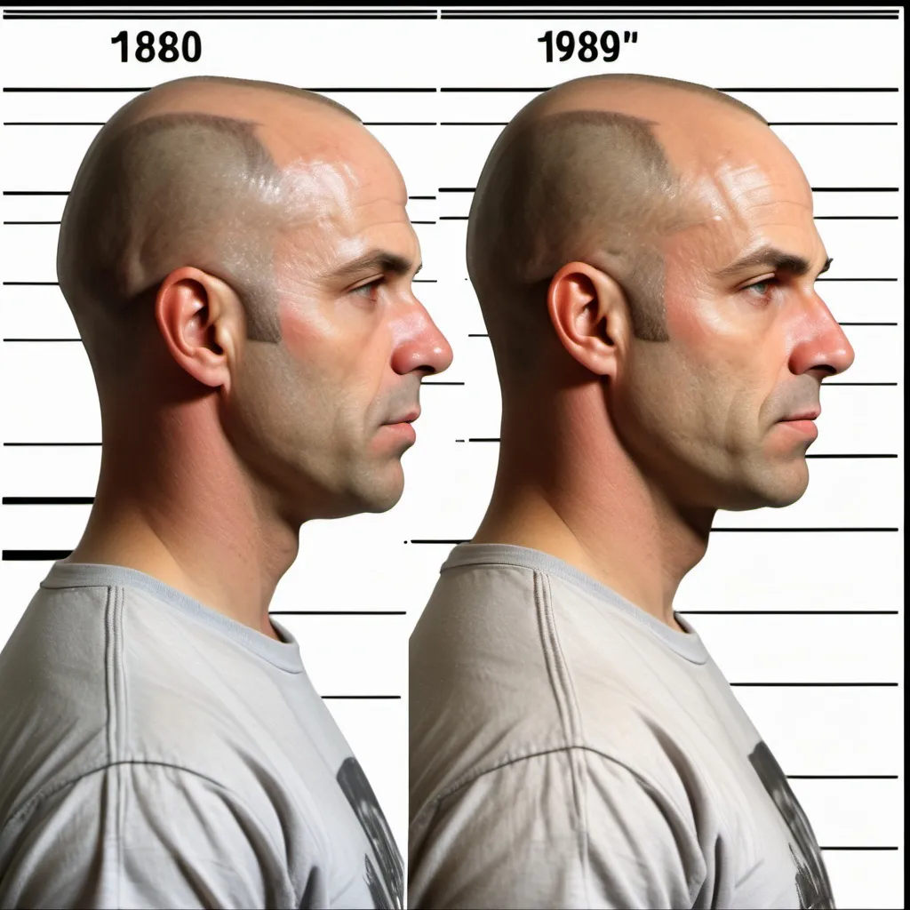 Prompt: a bald man realistic retro 1980's action movie hero actor mugshot with side view, and front facing view, full sheet
