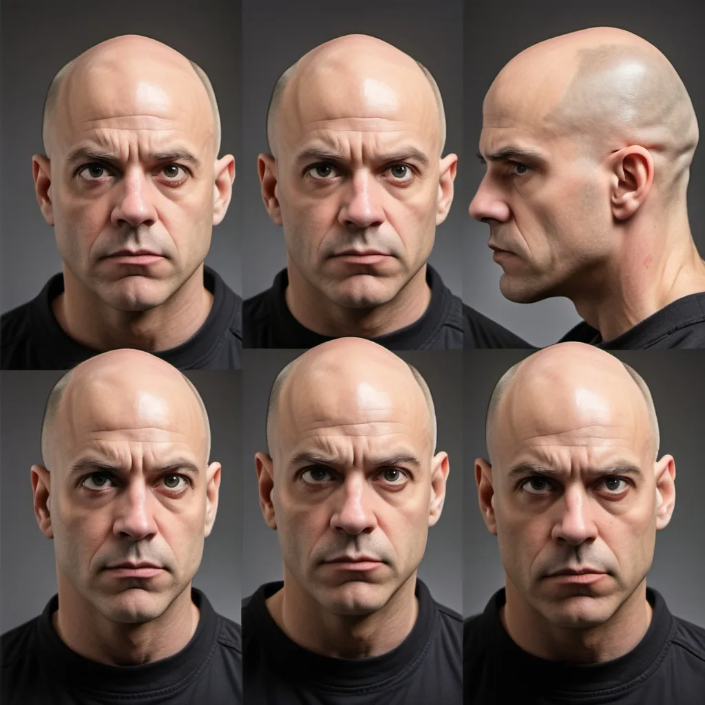 Prompt: a bald man realistic retro 1980's action movie hero actor mugshot with side view, and front facing view, full sheet