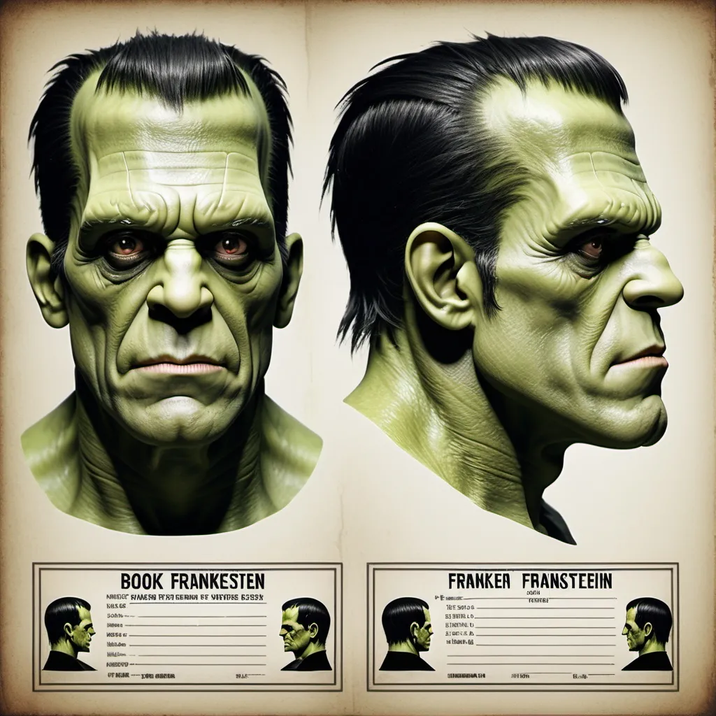 Prompt: a book accurate frankenstein's monster realistic  action movie hero actor mugshot with side view, and front facing view, full sheet