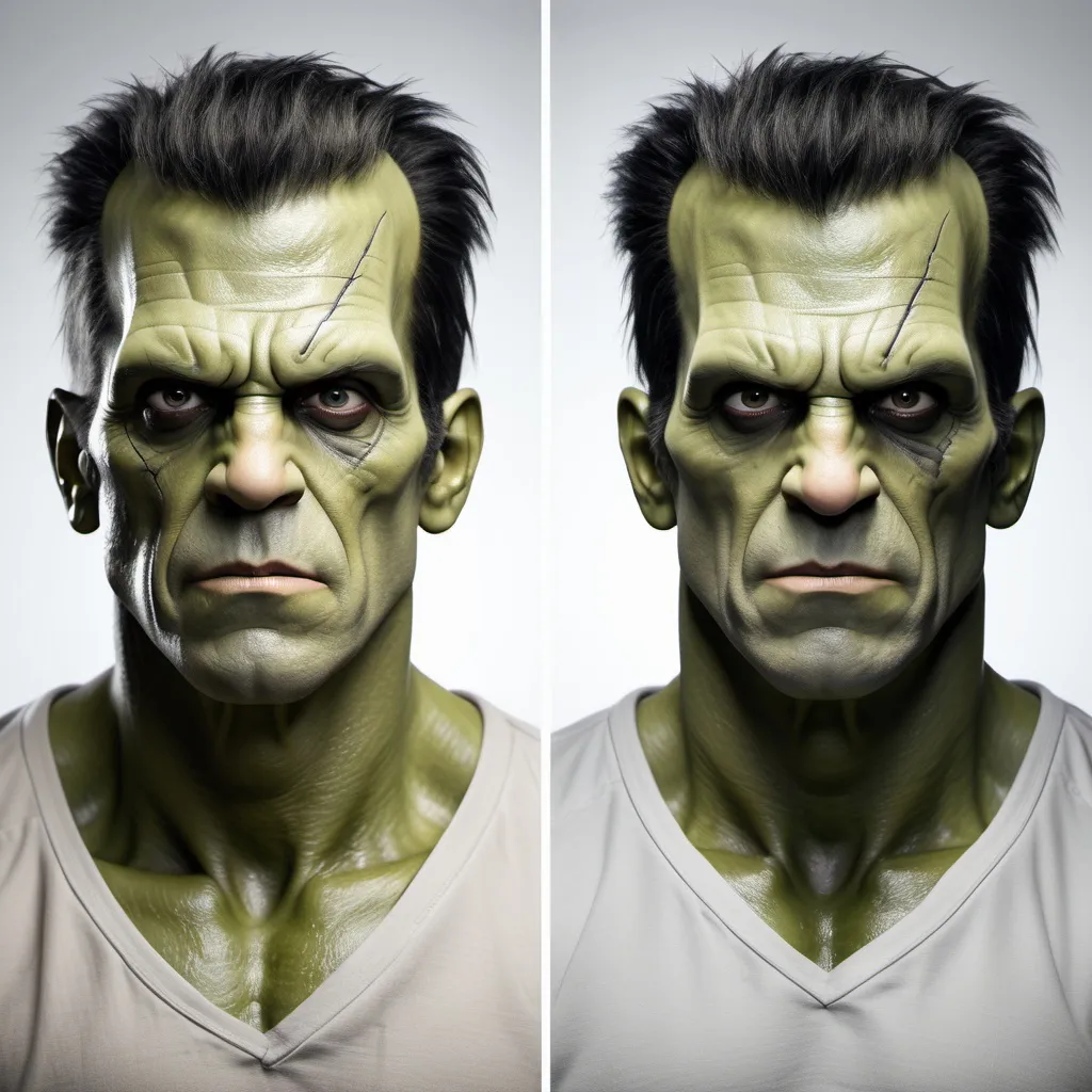 Prompt: a modern frankenstein's monster realistic  action movie hero actor mugshot with side view, and front facing view, full sheet
