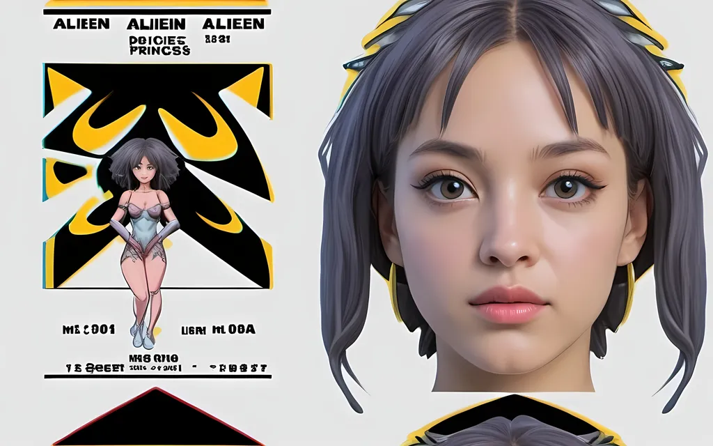 Prompt: a fish alien princess Anime retro 1980's action movie heroine actress mugshot with side view, and front facing view, full sheet