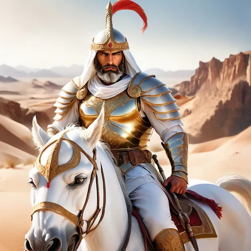 Prompt: Persian warrior on a majestic white horse, desert landscape, detailed beard and fierce expression, horn-like helmet, high quality, realistic, desert, detailed armor, powerful stance, desert tones, bright and warm lighting