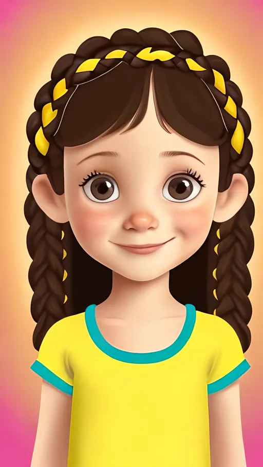 Prompt: 5 year old girl with her brown hair in 2 plaits. Looking directly at the camera. She looks curious. She is holding her chin whilst thinking. Cartoon style. Rainbow background. Wearing a black t shirt.