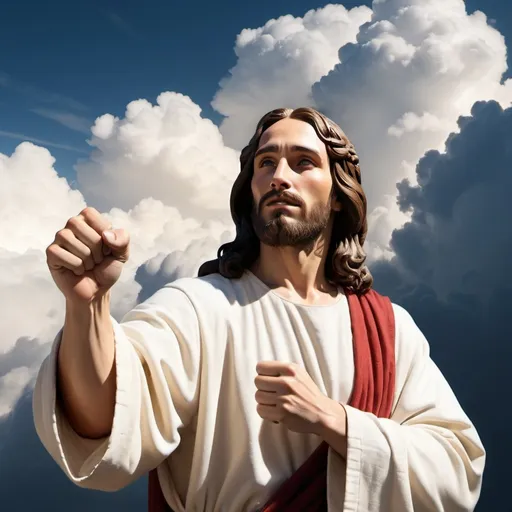 Prompt: Jesus Christ fist bumping upwards from the clouds