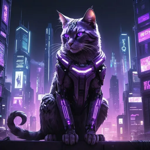 Prompt: a giant cyberpunk cat city wallpaper with purple glowing lights and the is facing the front