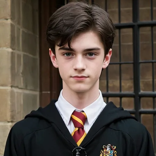 Prompt: James Potter is 16 years old. He is a teenage boy. He is 6 feet tall. He is very pale and hot. He has bright brown eyes. He has dark silky black hair. He is having a fade haircut. He is English. He has a sharp jawline. He is the most handsome boy. He is tall and thin. He has a silver ring on his left hand. He looks neat. He is wearing the Gryffindor uniform (white shirt, Gryffindor tie, black V-neck sweater without the hood under the robes, black slacks, Gryffindor robes). He is at Hogwarts School of Witchcraft and Wizardry.