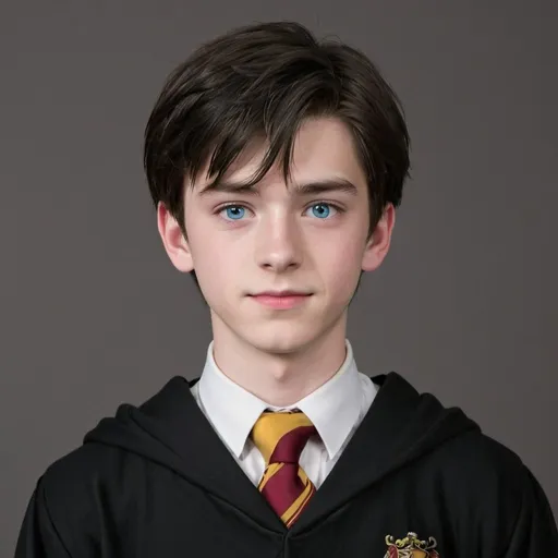 Prompt: Laurence Potter is 16 years old. He is a teenage boy. He is 6 feet tall. He is very pale and handsome. He has bright blue doe eyes. He has dark silky black hair. He is having a fade haircut. He is Korean-German. He has a sharp jawline. He is the most handsome boy. He is tall and thin. He has a silver ring on his left hand. He looks neat. He is wearing the Gryffindor uniform (white shirt, Gryffindor tie, black V-neck sweater without the hood under the robes, black slacks, Gryffindor robes). He is at Hogwarts School of Witchcraft and Wizardry.