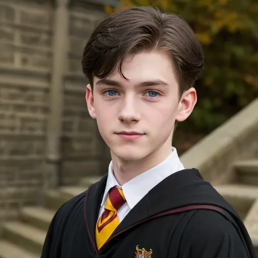 Prompt: Laurence Potter is 16 years old. He is a teenage boy. He is 6 feet tall. He is very pale and handsome. He has bright blue eyes. He has black hair. He is having a taper fade haircut. He is Korean-German. He has a very sharp jawline. He is the most handsome boy. He is tall and thin. He has a silver ring on his left hand. He is very attractive. He is at Hogwarts School of Witchcraft and Wizardry. He is wearing the Gryffindor uniform (white shirt, black v-neck sweater below the robes, black slacks, Gryffindor tie, Gryffindor robes . He looks neat.