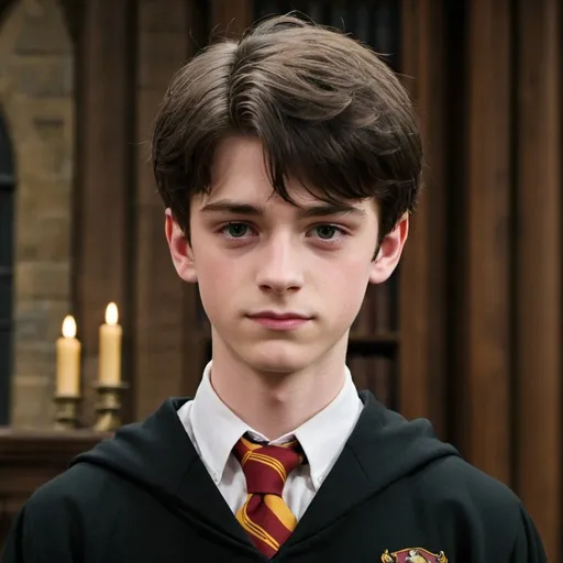 Prompt: James Potter is 16 years old. He is a teenage boy. He is 6 feet tall. He is very pale and hot. He has bright brown eyes. He has dark silky black hair. He is having a fade haircut. He is English. He has a sharp jawline. He is the most handsome boy. He is tall and thin. He has a silver ring on his left hand. He looks messy. He is wearing the Gryffindor uniform (white shirt, Gryffindor tie, black V-neck sweater without the hood under the robes, black slacks, Gryffindor robes). He is at Hogwarts School of Witchcraft and Wizardry.