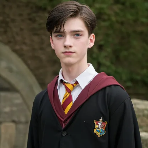 Prompt: Laurence Potter is 16 years old. He is a teenage boy. He is 6 feet tall. He is very pale and handsome. He has bright blue eyes. He has black hair. He is having a taper fade haircut. He is Korean-German. He has a very sharp jawline. He is the most handsome boy. He is tall and thin. He has a silver ring on his left hand. He is very attractive. He is at Hogwarts School of Witchcraft and Wizardry. He is wearing the Gryffindor uniform (white shirt, black v-neck sweater below the robes, black slacks, Gryffindor tie, Gryffindor robes . He looks neat.