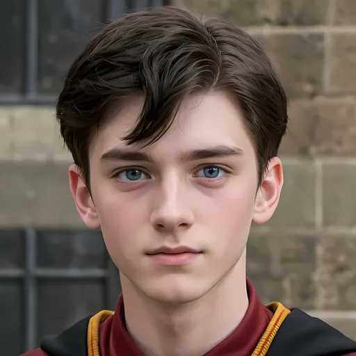 Prompt: Laurence Potter is 16 years old. He is a teenage boy. He is 6 feet tall. He is very pale and handsome. He has bright blue eyes. He has black hair. He is having a fade haircut. He is Korean-German. He has a sharp jawline. He is the most handsome boy. He is tall and lean. He has a silver ring on his left hand. He is very attractive. He is at Hogwarts School of Witchcraft and Wizardry. He is wearing the Gryffindor uniform. He looks neat.