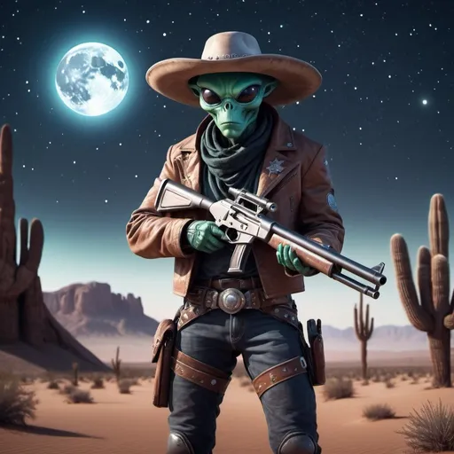 Prompt: An alien cowboy with a sci-fi shotgun in its hands. Set to the backdrop of a desert under a starry nightsky with the moon
