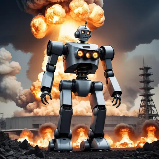 Prompt: A robot uprising set to the backdrop of a nuclear explosion