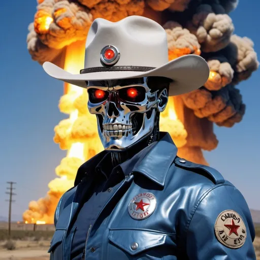 Prompt: A cowboy terminator T-1000 with a hat. Set against the backdrop of a nuclear explosion