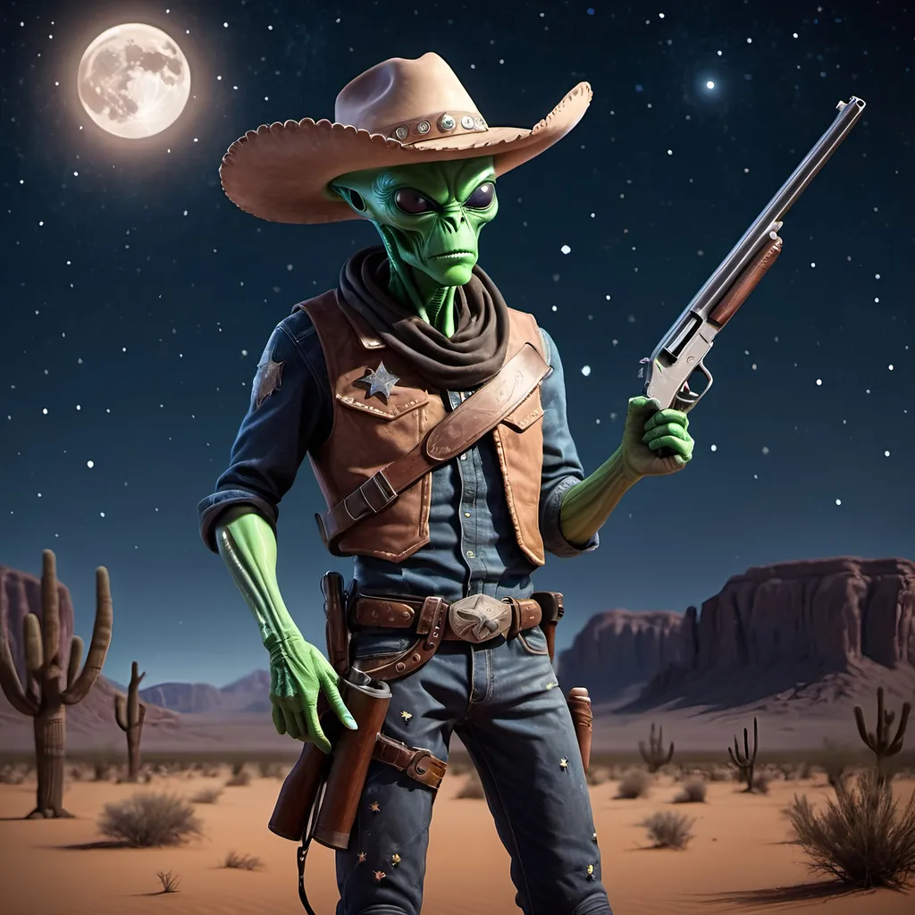 Prompt: An alien cowboy with a shotgun in its hands. Set to the backdrop of a desert under a dark starry nightsky with the moon.
