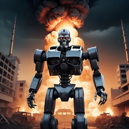 Prompt: A robot uprising in the style of Terminator 2. Set to the backdrop of a nuclear explosion at night.