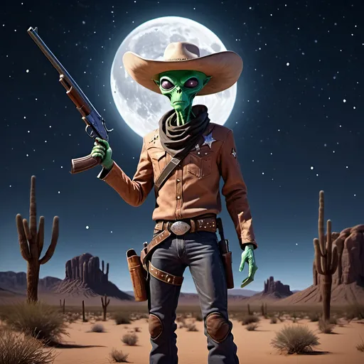 Prompt: An alien cowboy with a shotgun in its hands. Set to the backdrop of a desert under a dark starry nightsky with the moon.
